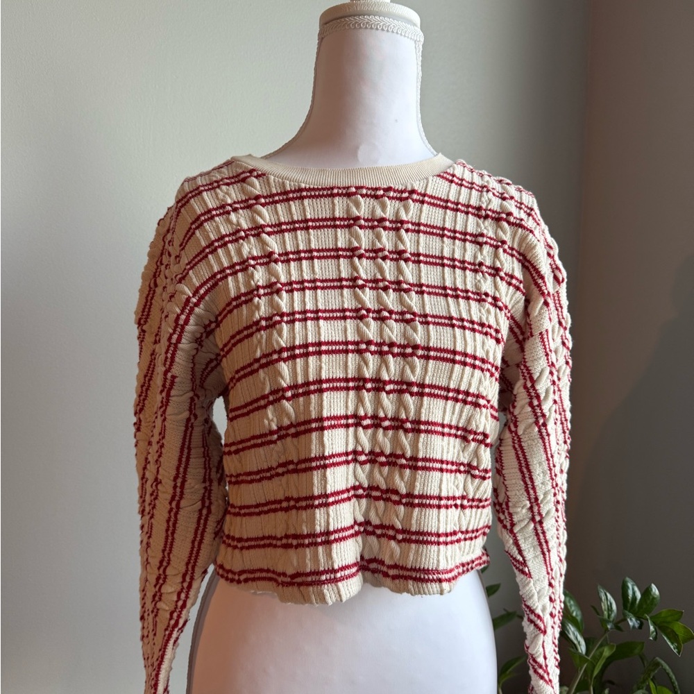 Zara Cream Knit Sweater with Red Stripes